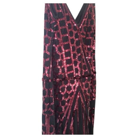 VIJIV 1920s Art Deco Sequin Mermaid Gown XL Crimson Red V-Neck Slit - Picture 5 of 5